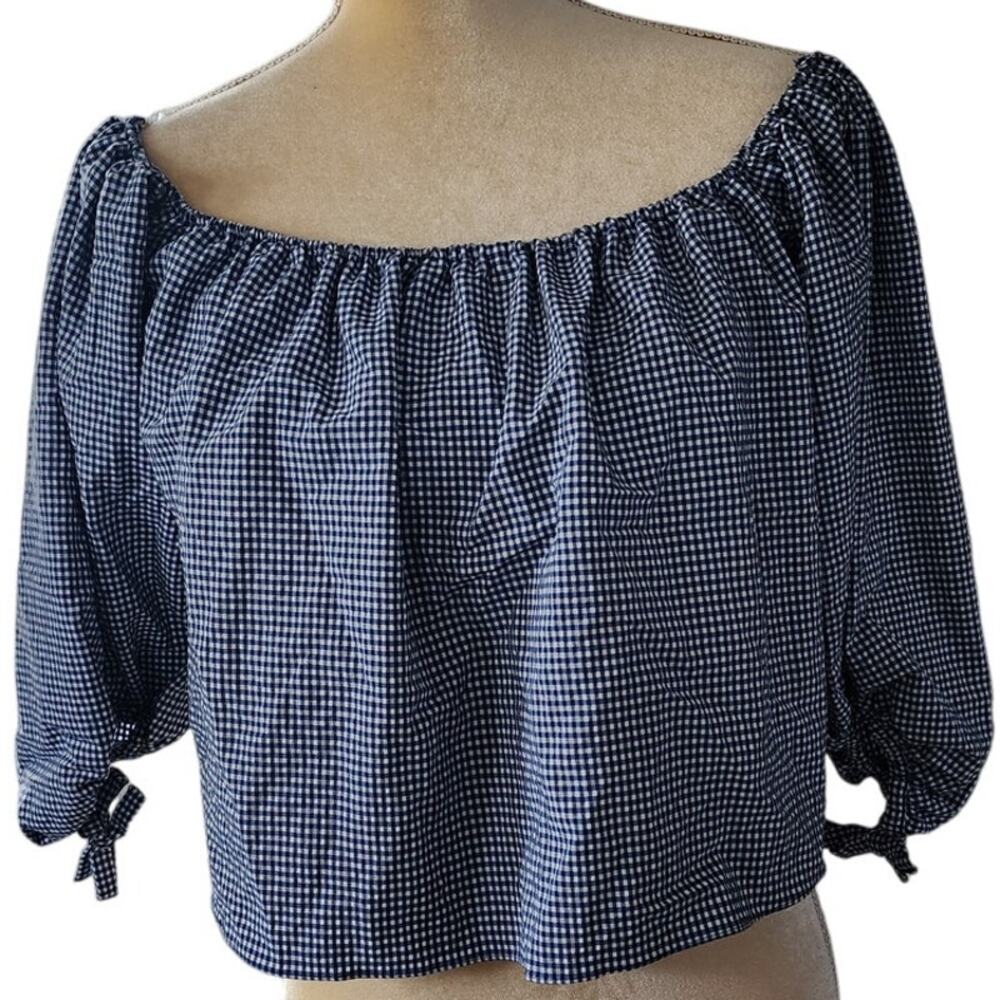 Zara Blue White Gingham Off Shoulders Wide Neck Blouse Size Large